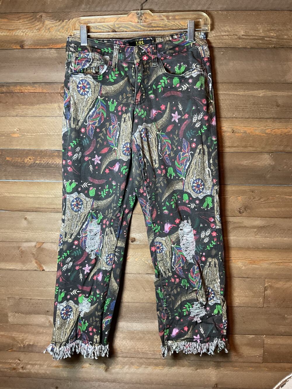 Lucky & Blessed Midrise Boyfriend Western Brown Jeans Cactus Cow Skull Size 4